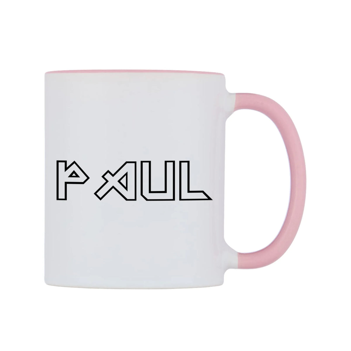 Paul - Iron Maiden Themed Mug — white 11oz gloss mug with a pink inside and handle, left side, on a white background