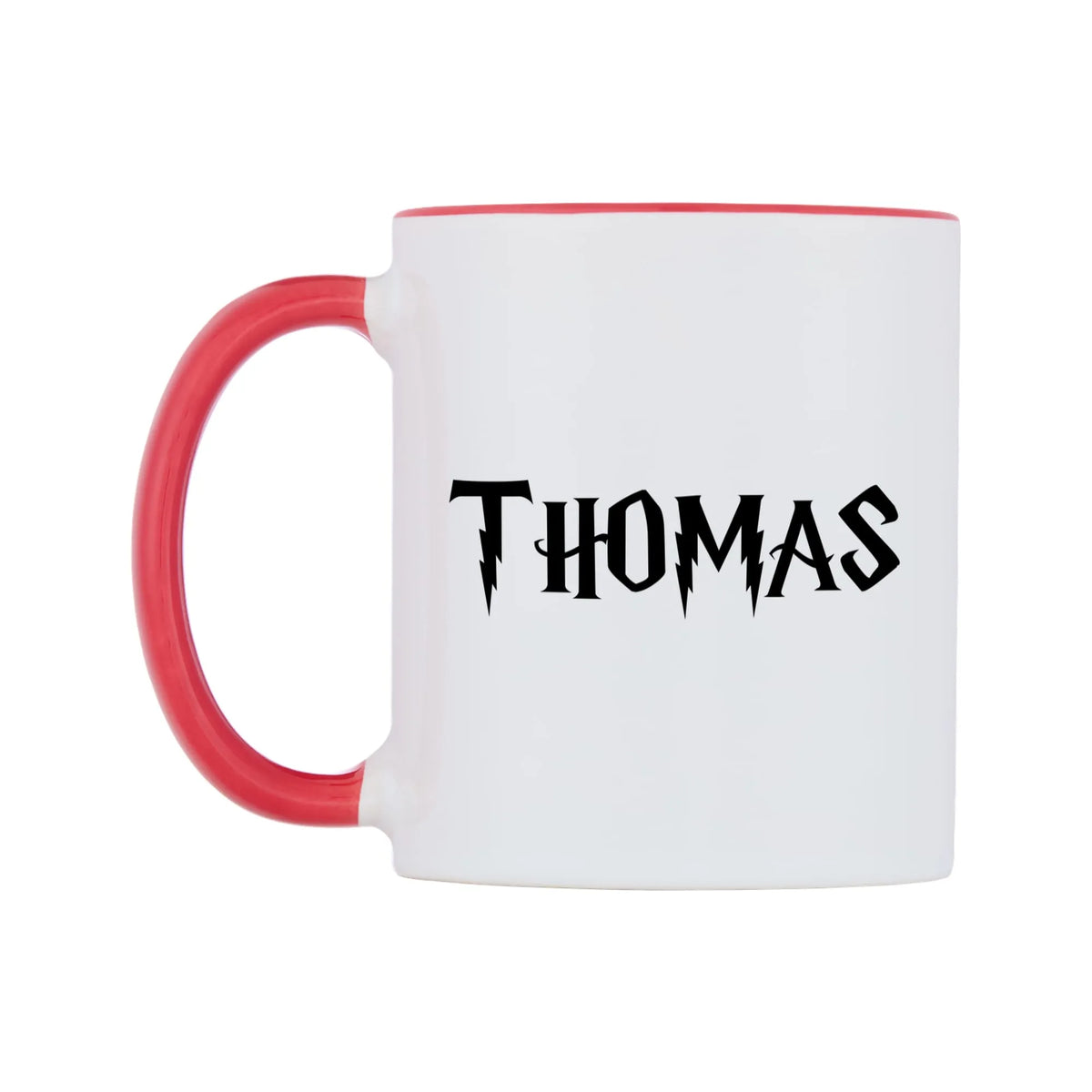 Thomas - Wizard Themed Mug — white 11oz gloss mug with a red inside and handle, right side, on a white background