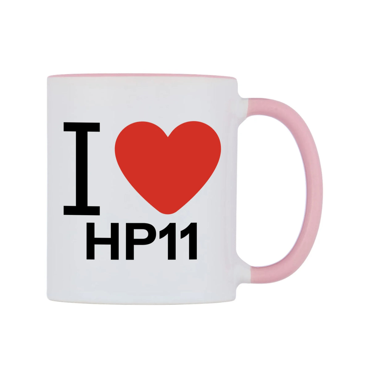 I Love HP11 Mug — white 11oz gloss mug with a pink inside and handle, left side, on a white background
