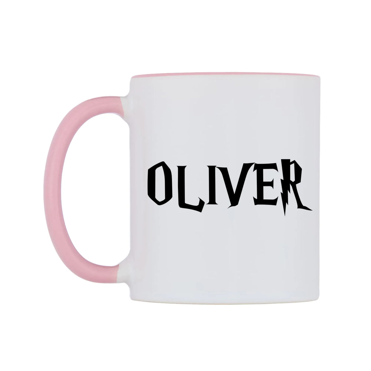 Oliver - Wizard Themed Mug — white 11oz gloss mug with a pink inside and handle, right side, on a white background