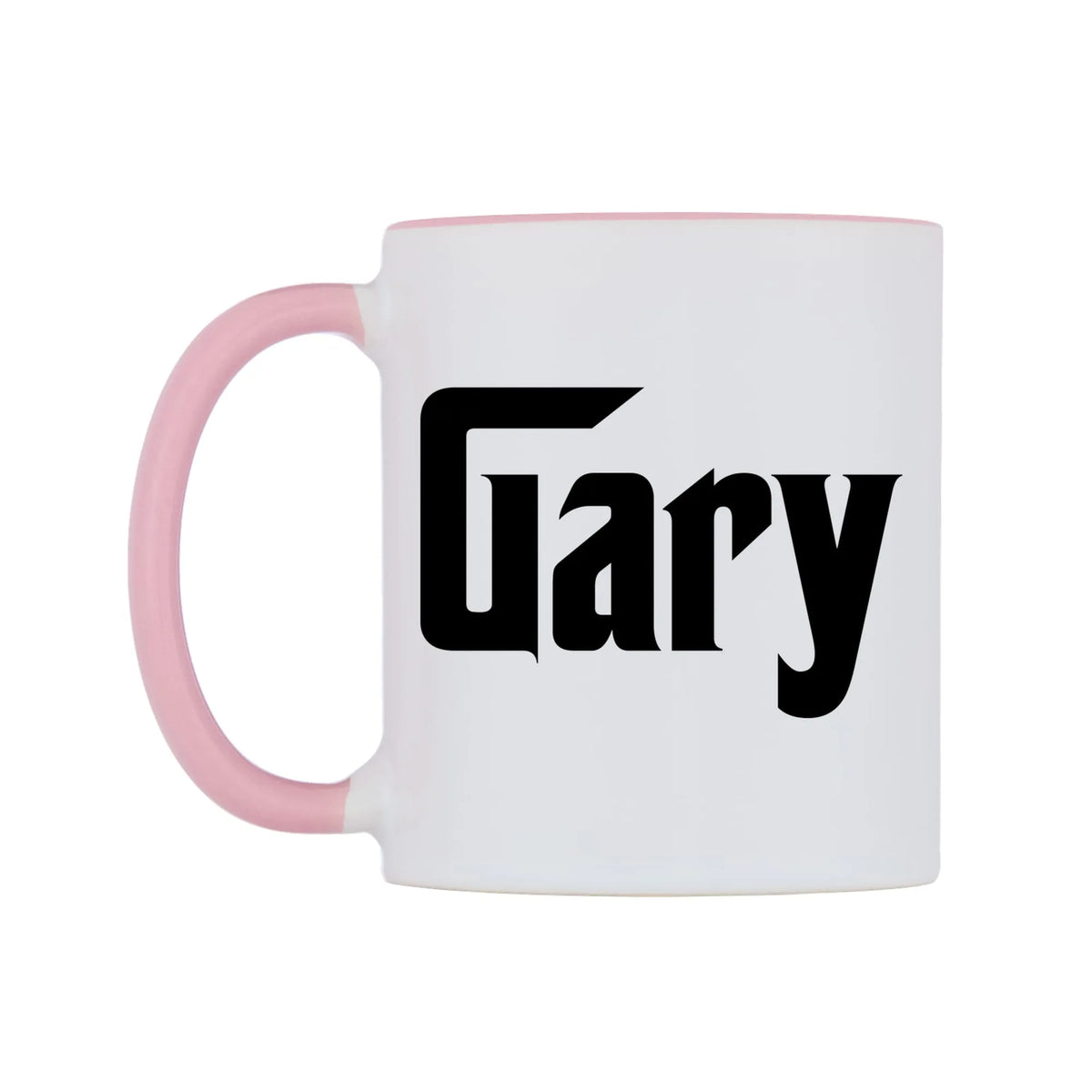 Gary - Godfather Themed Mug — white 11oz gloss mug with a pink inside and handle, right side, on a white background