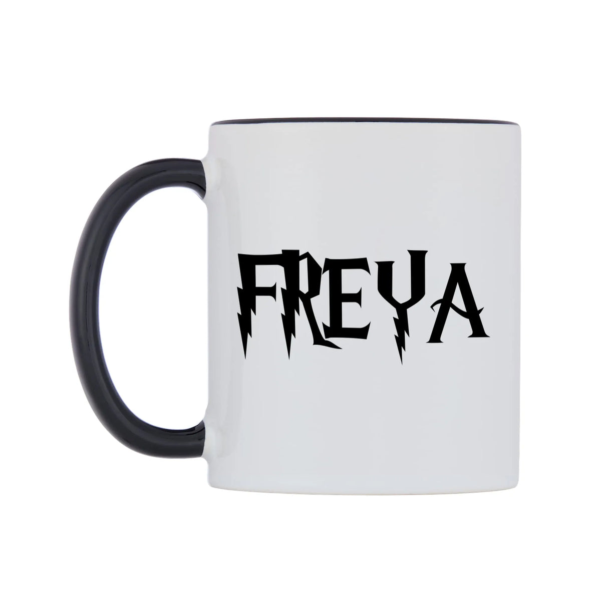 Freya - Wizard Themed Mug — white 11oz gloss mug with a black inside and handle, right side, on a white background