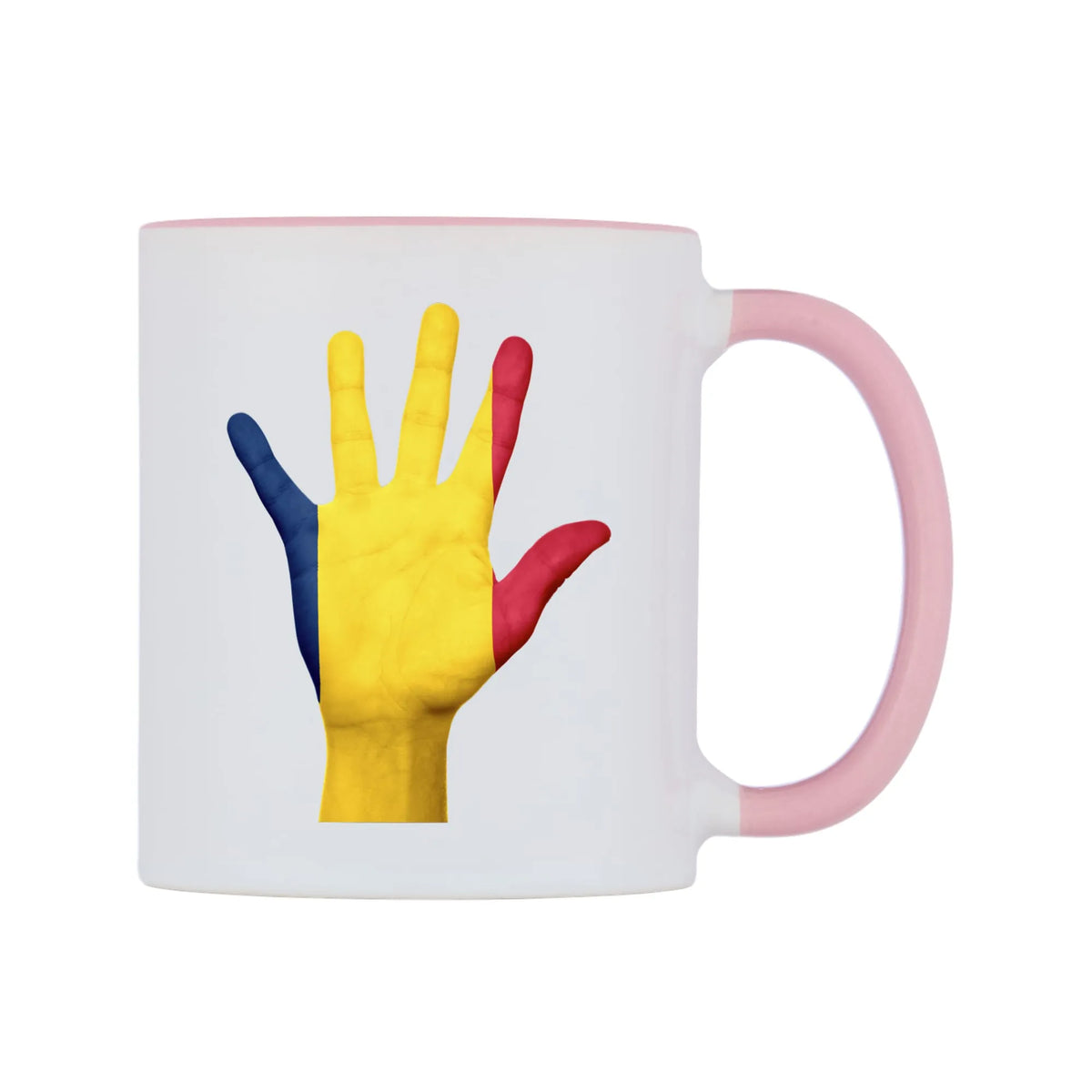 Chad Hand Flag Mug — white 11oz gloss mug with a pink inside and handle, left side, on a white background