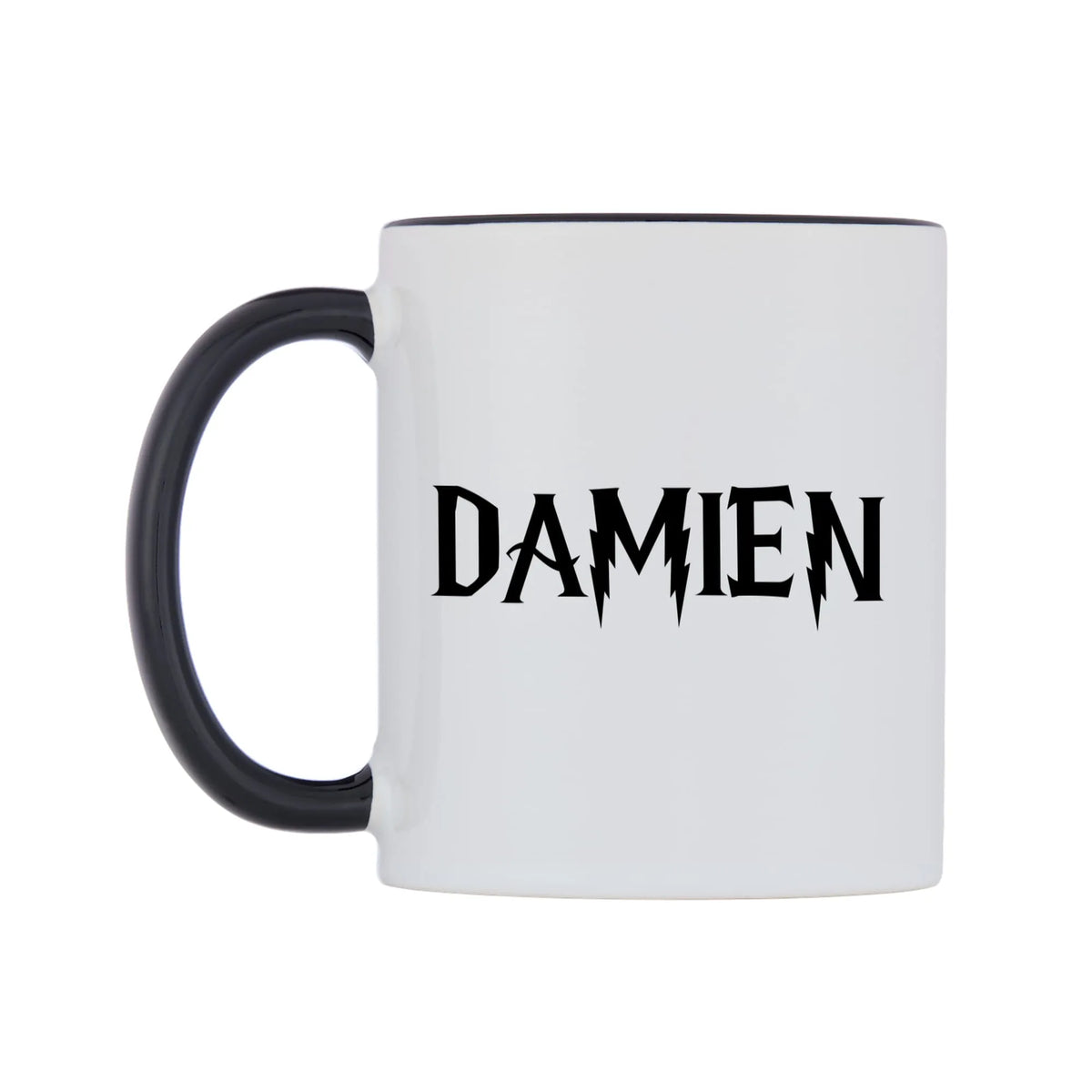 Damien - Wizard Themed Mug — white 11oz gloss mug with a black inside and handle, right side, on a white background