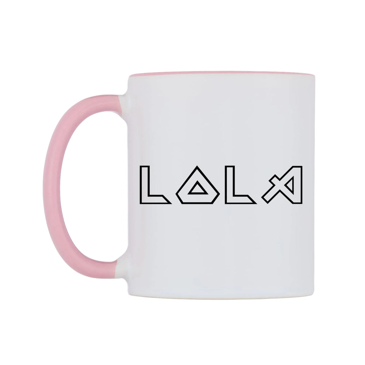 Lola - Iron Maiden Themed Mug — white 11oz gloss mug with a pink inside and handle, right side, on a white background