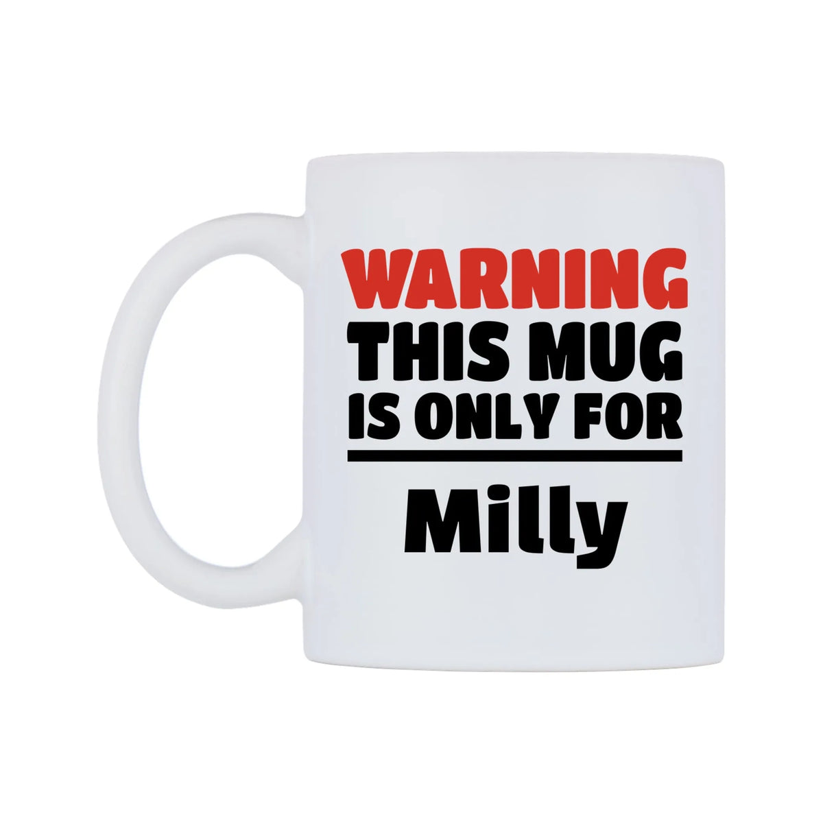 Warning This Mug is ONLY for Milly Mug — white 11oz gloss mug, right side, on a white background
