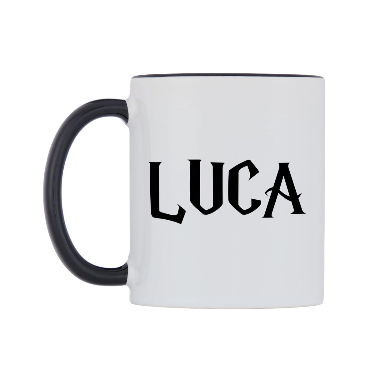 Luca - Wizard Themed Mug — white 11oz gloss mug with a black inside and handle, right side, on a white background