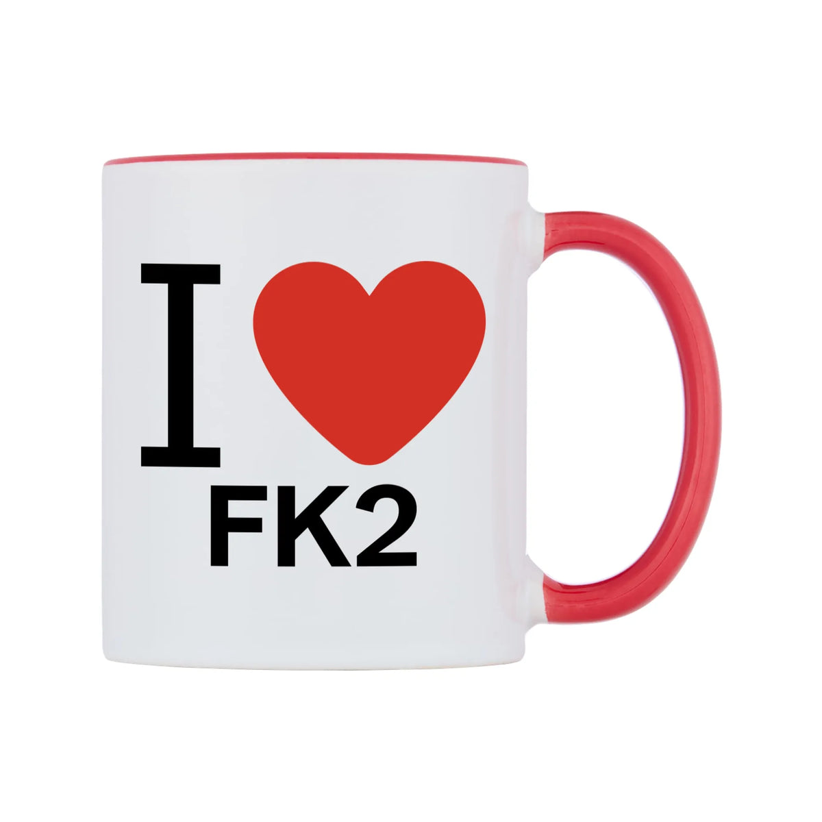 I Love FK2 Mug — white 11oz gloss mug with a red inside and handle, left side, on a white background