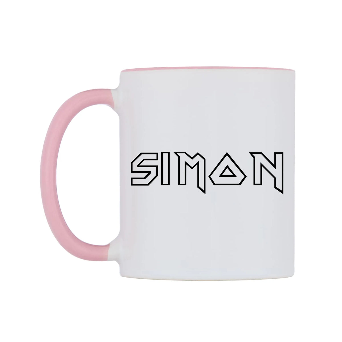 Simon - Iron Maiden Themed Mug — white 11oz gloss mug with a pink inside and handle, right side, on a white background
