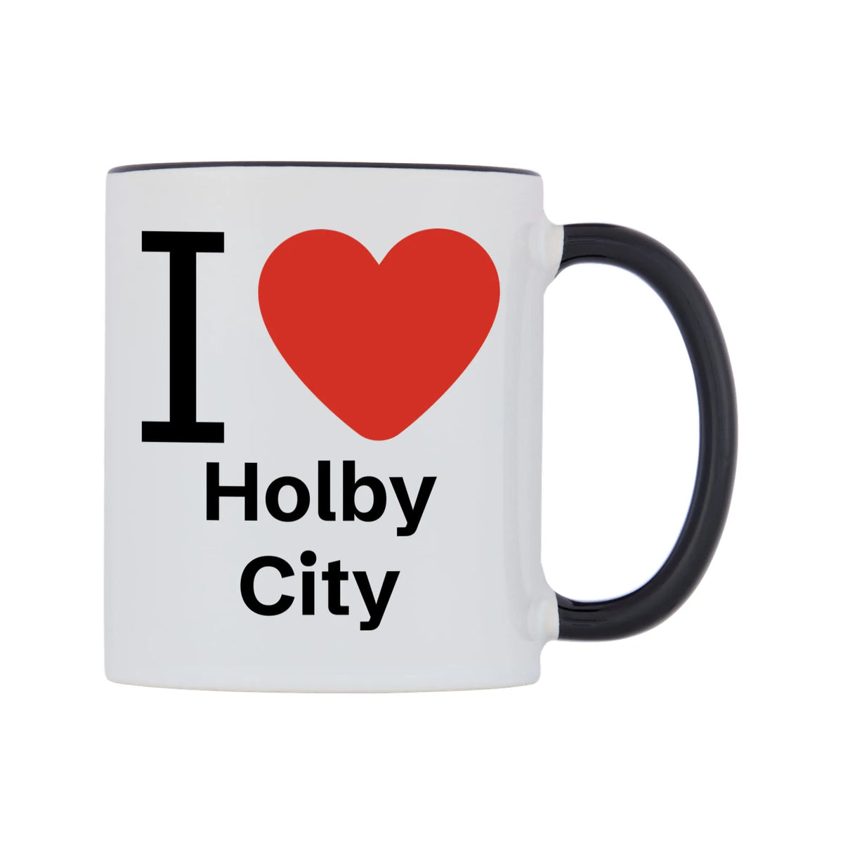 I Love Holby City Mug — white 11oz gloss mug with a black inside and handle, left side, on a white background