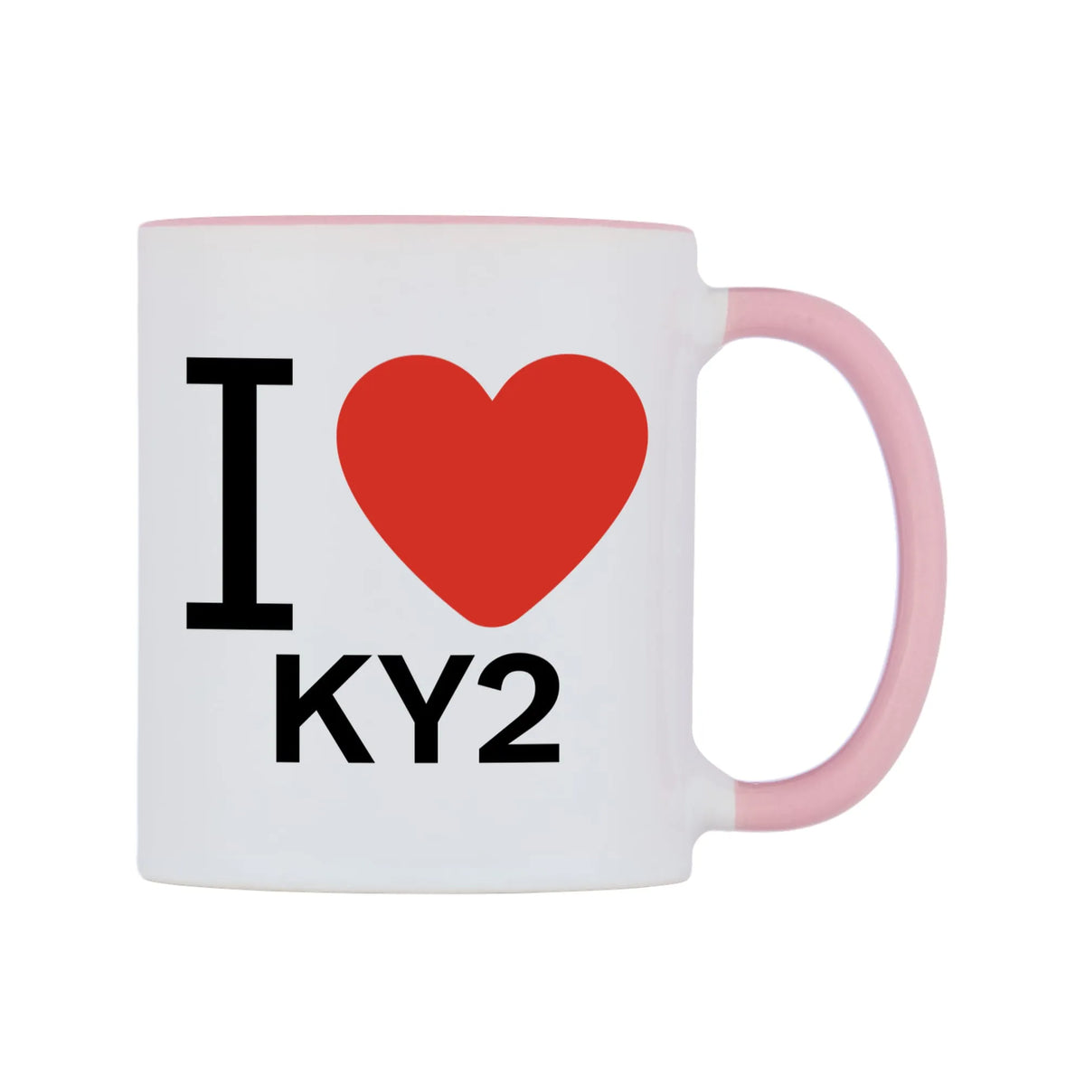 I Love KY2 Mug — white 11oz gloss mug with a pink inside and handle, left side, on a white background