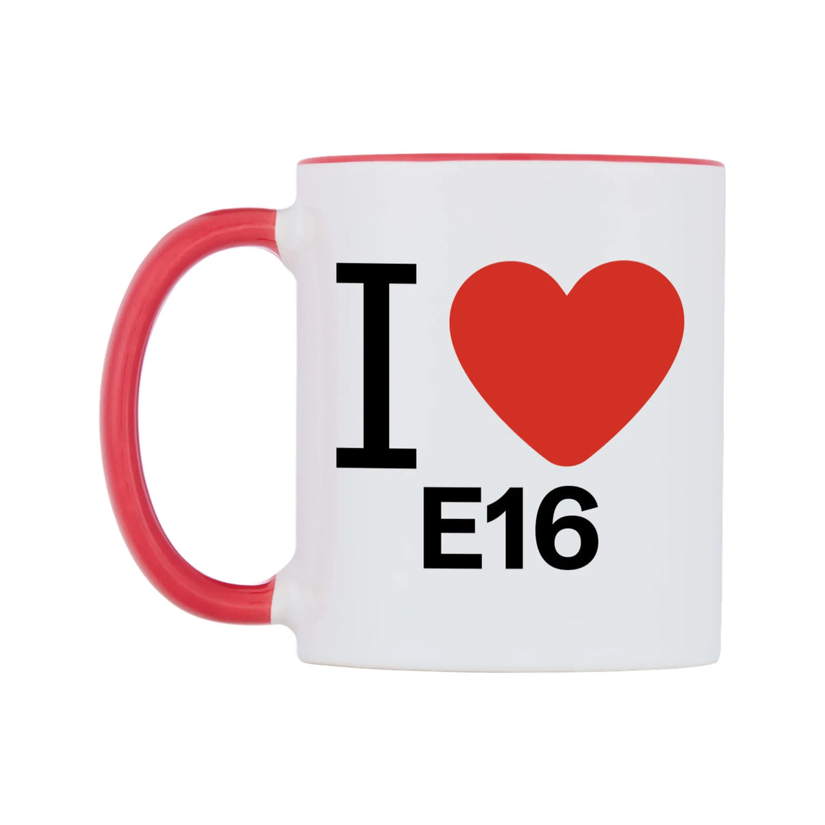 I Love E16 Mug — white 11oz gloss mug with a red inside and handle, right side, on a white background
