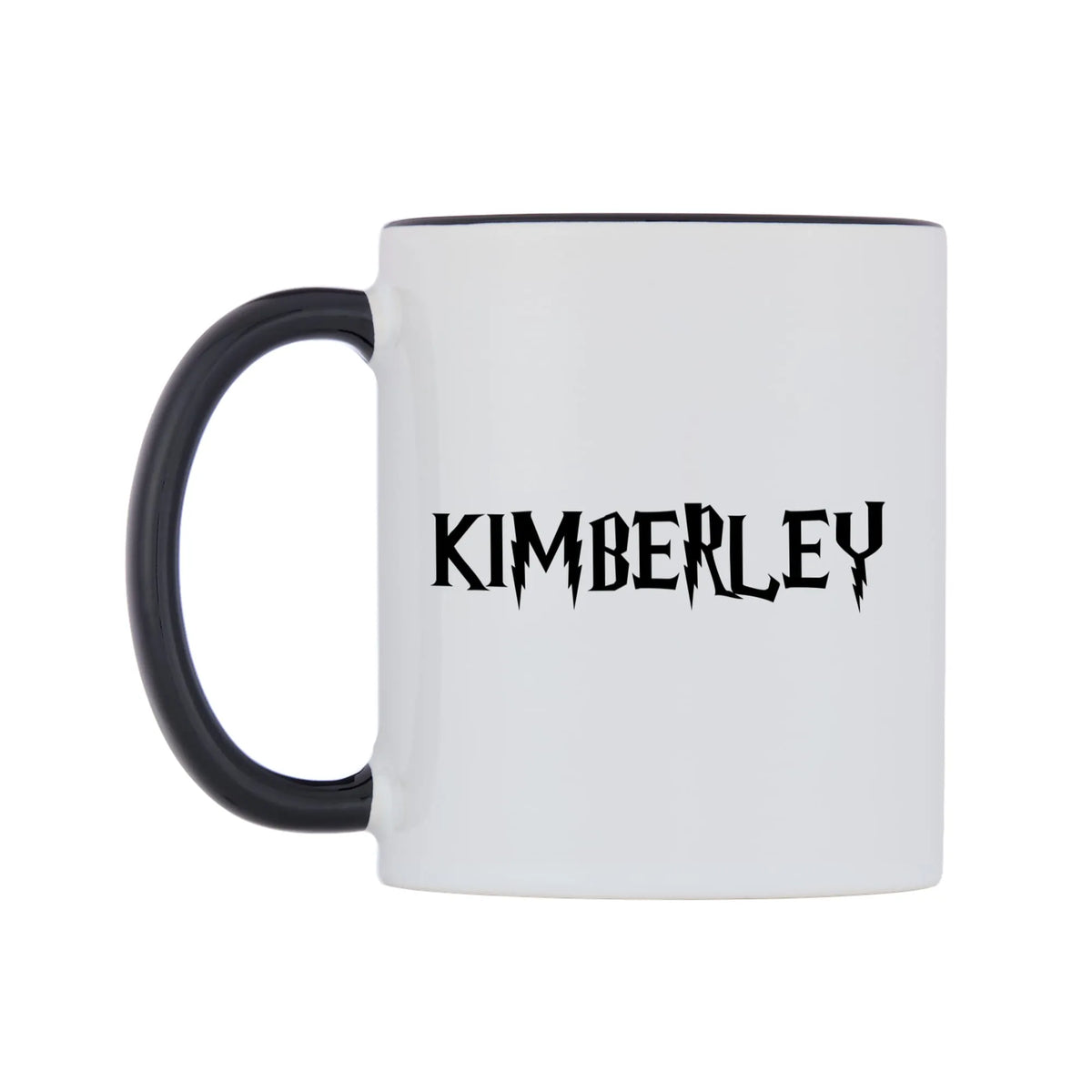 Kimberley - Wizard Themed Mug — white 11oz gloss mug with a black inside and handle, right side, on a white background