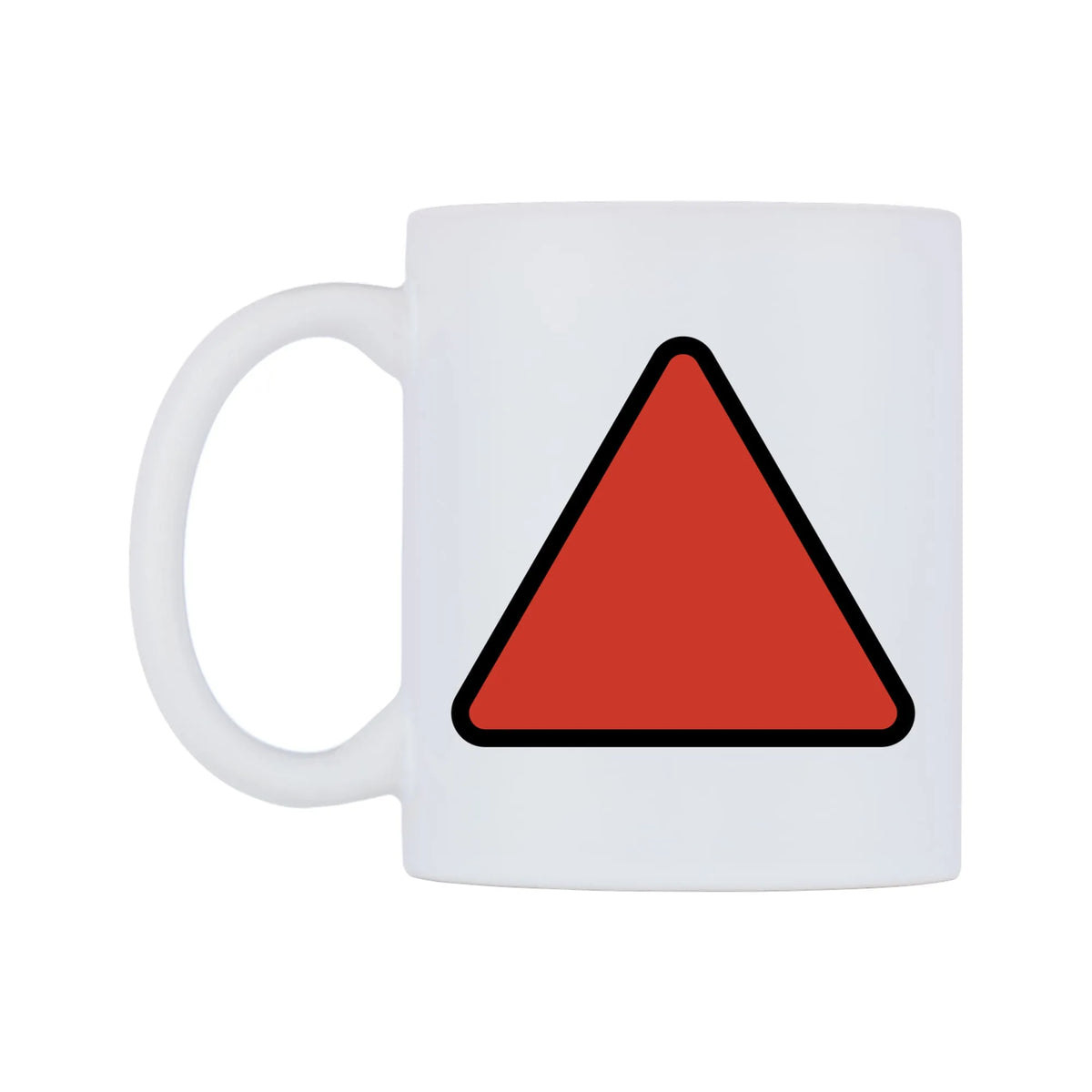 Red Triangle Pointed Up Emoji Mug — mug, right side, on a white background