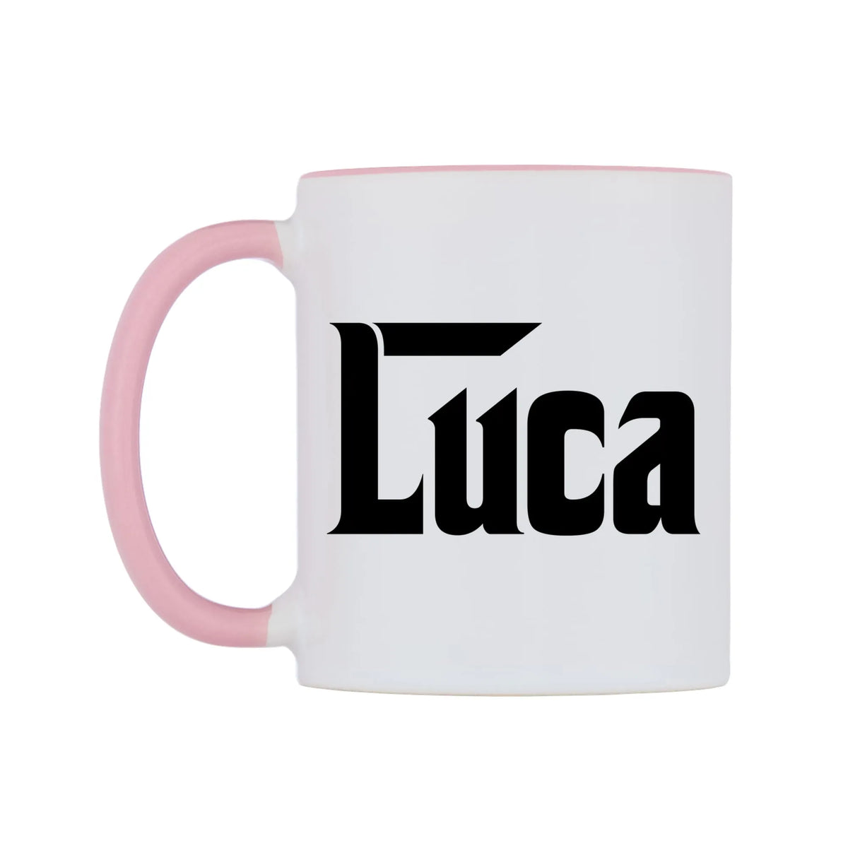 Luca - Godfather Themed Mug — white 11oz gloss mug with a pink inside and handle, right side, on a white background