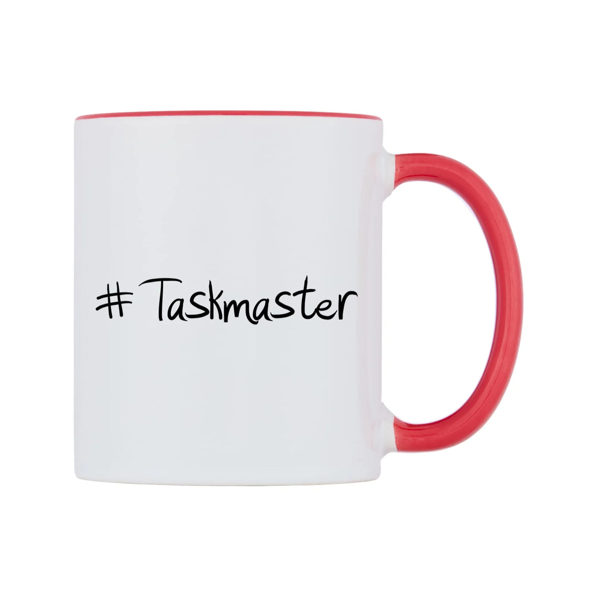Taskmaster Mug — white 11oz gloss mug with a red inside and handle, left side, on a white background