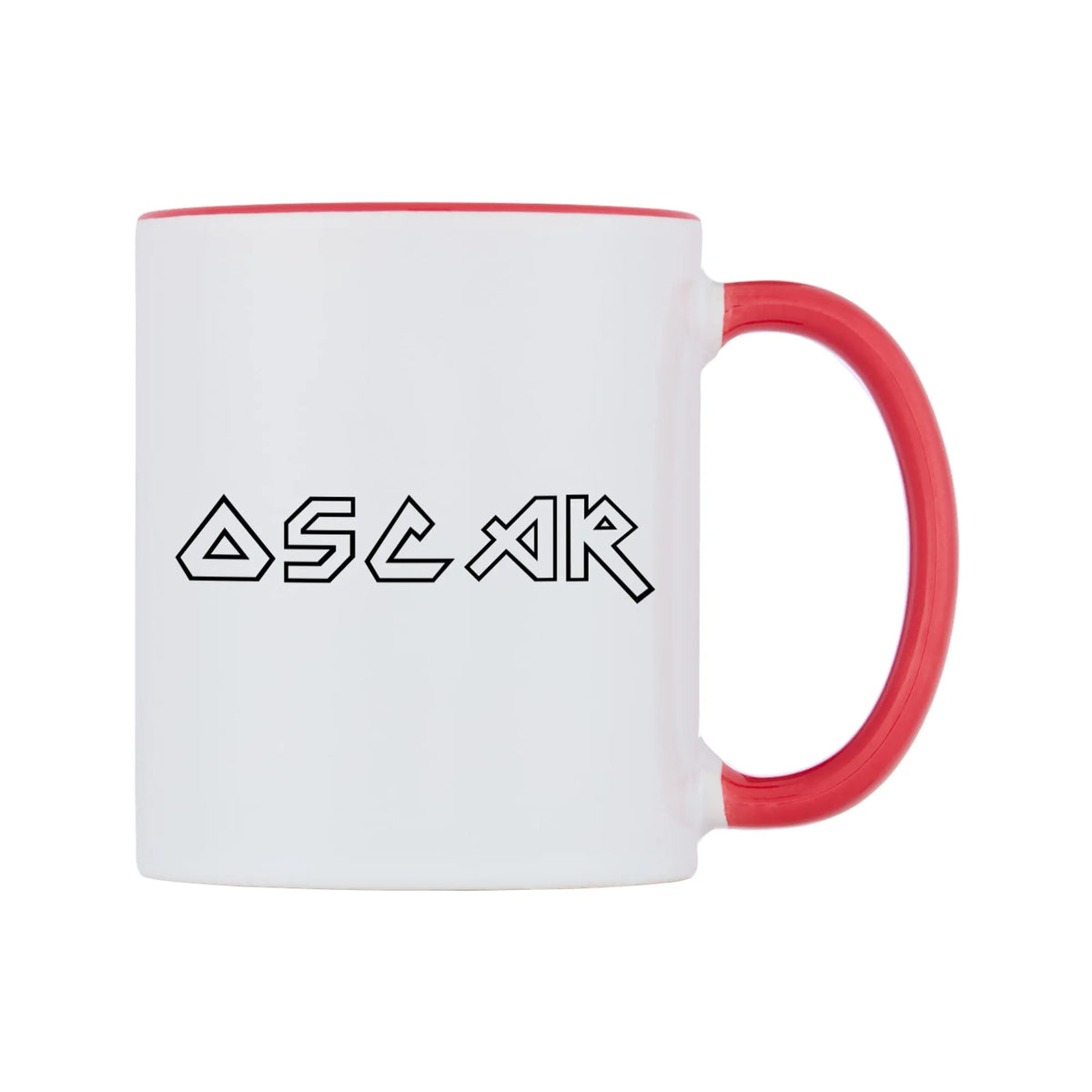 Oscar - Iron Maiden Themed Mug — white 11oz gloss mug with a red inside and handle, left side, on a white background