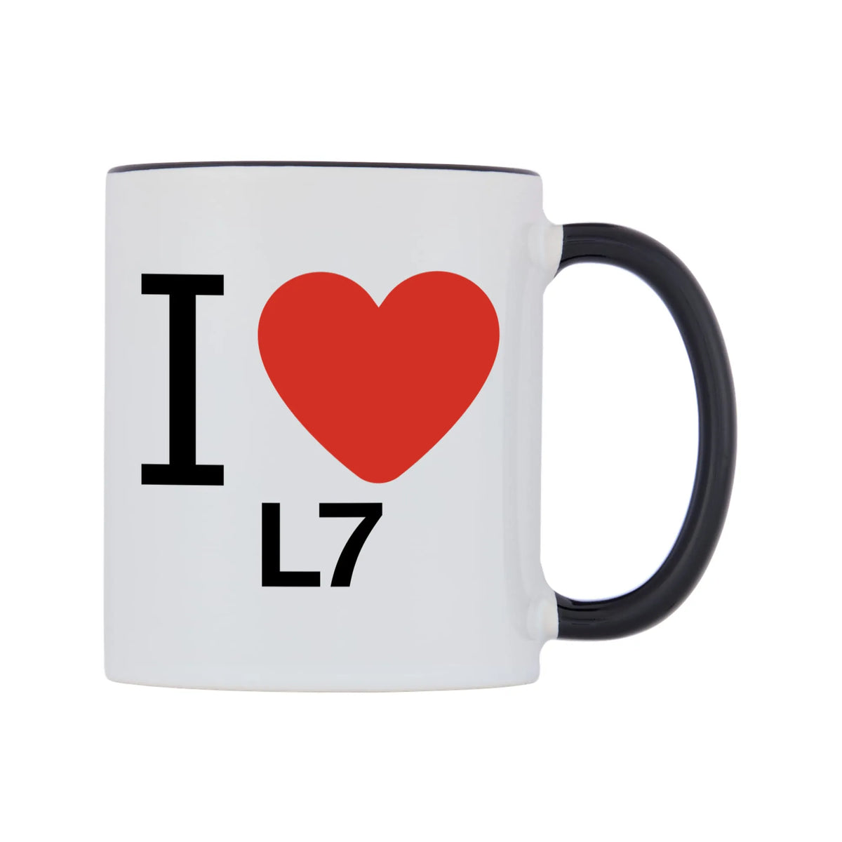 I Love L7 Mug — white 11oz gloss mug with a black inside and handle, left side, on a white background