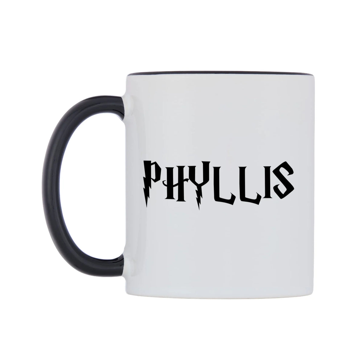 Phyllis - Wizard Themed Mug — white 11oz gloss mug with a black inside and handle, right side, on a white background
