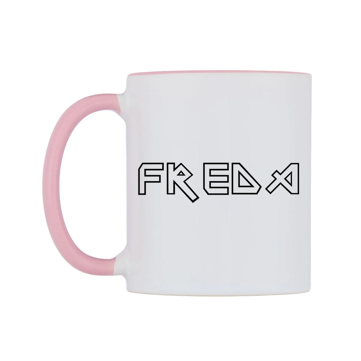 Freda - Iron Maiden Themed Mug — white 11oz gloss mug with a pink inside and handle, right side, on a white background