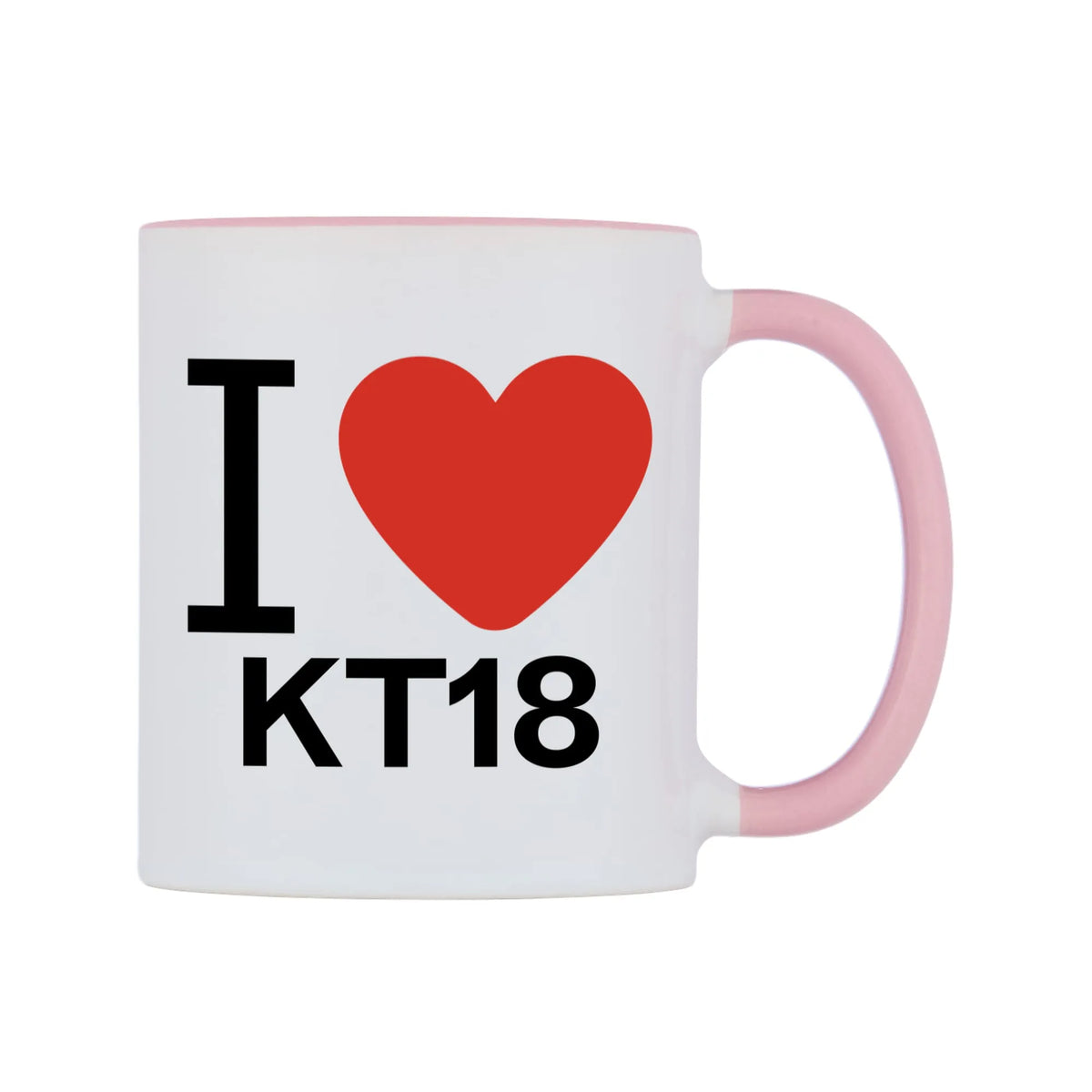 I Love KT18 Mug — white 11oz gloss mug with a pink inside and handle, left side, on a white background