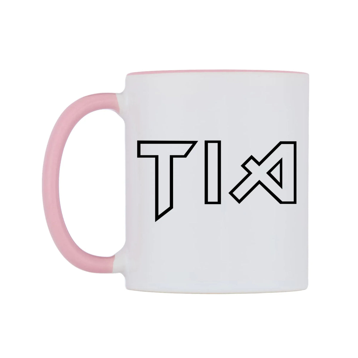 Tia - Iron Maiden Themed Mug — white 11oz gloss mug with a pink inside and handle, right side, on a white background