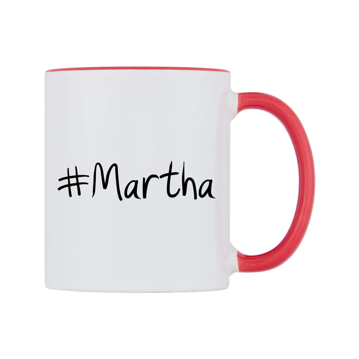 Martha Mug — white 11oz gloss mug with a red inside and handle, left side, on a white background