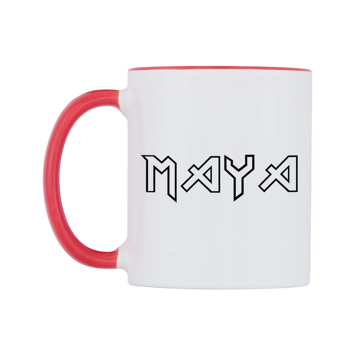 Maya - Iron Maiden Themed Mug — white 11oz gloss mug with a red inside and handle, right side, on a white background
