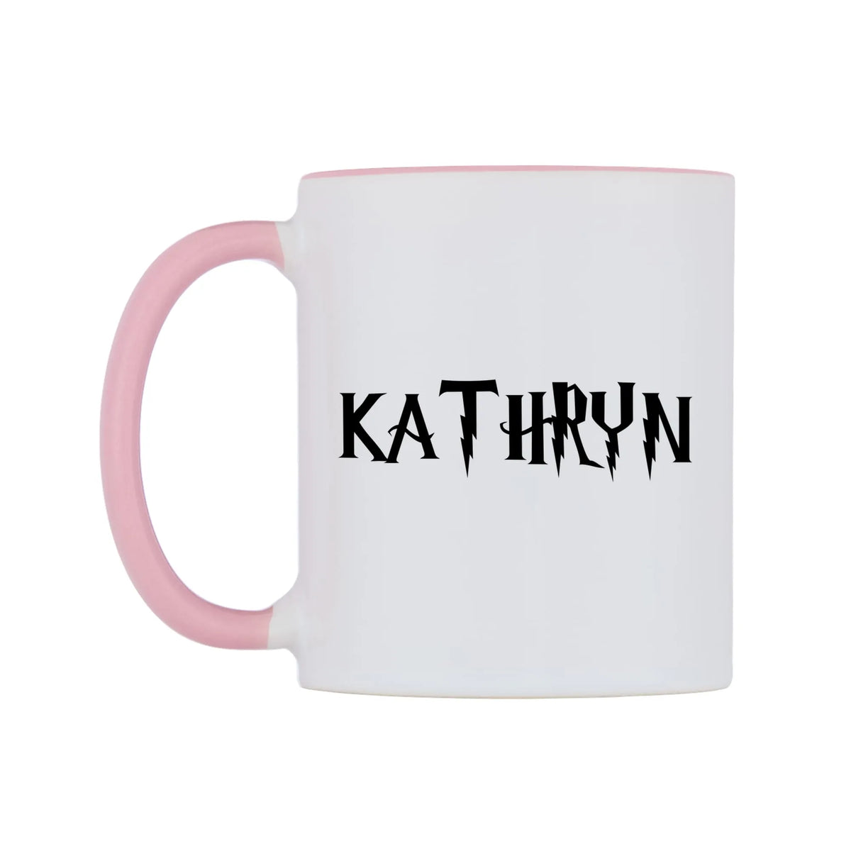 Kathryn - Wizard Themed Mug — white 11oz gloss mug with a pink inside and handle, right side, on a white background
