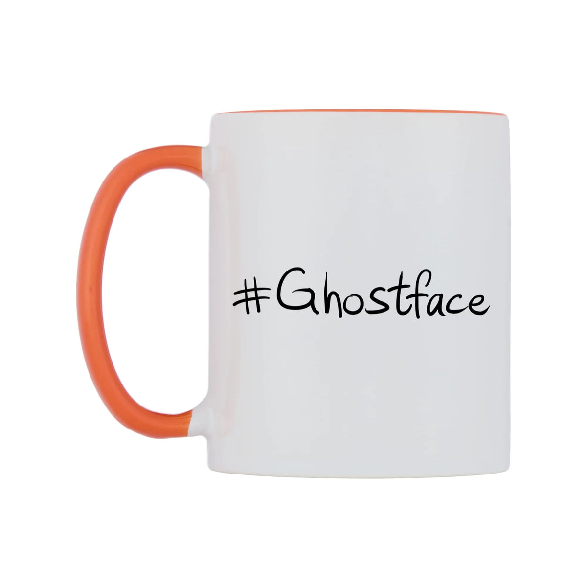 Ghostface Mug — white 11oz gloss mug with a orange inside and handle, right side, on a white background