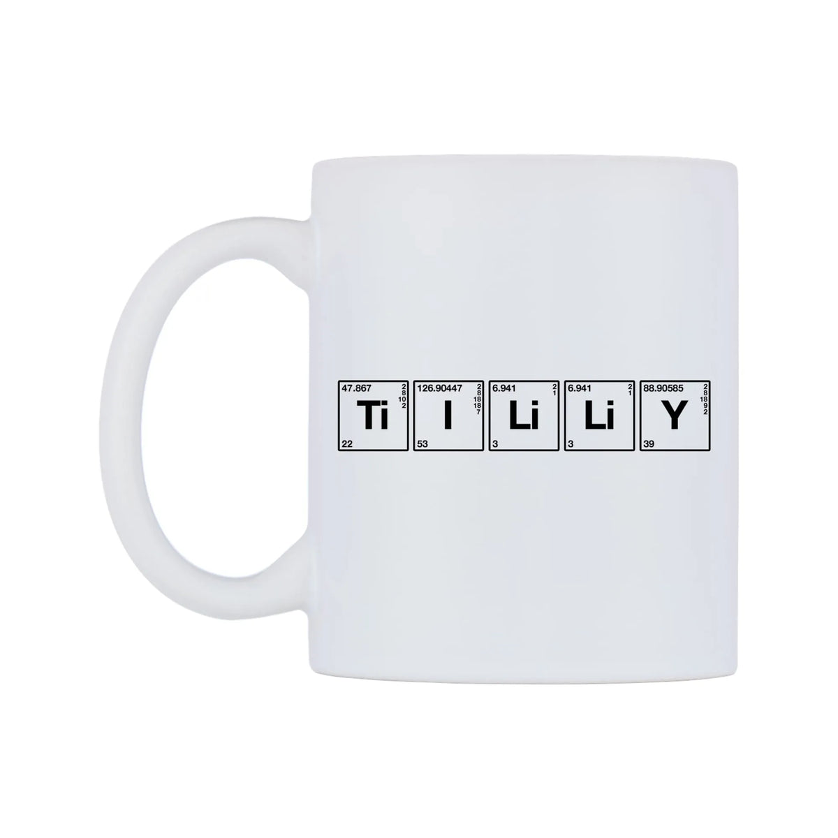 Tilly - Chemistry Themed Mug — mug, right side, on a white background