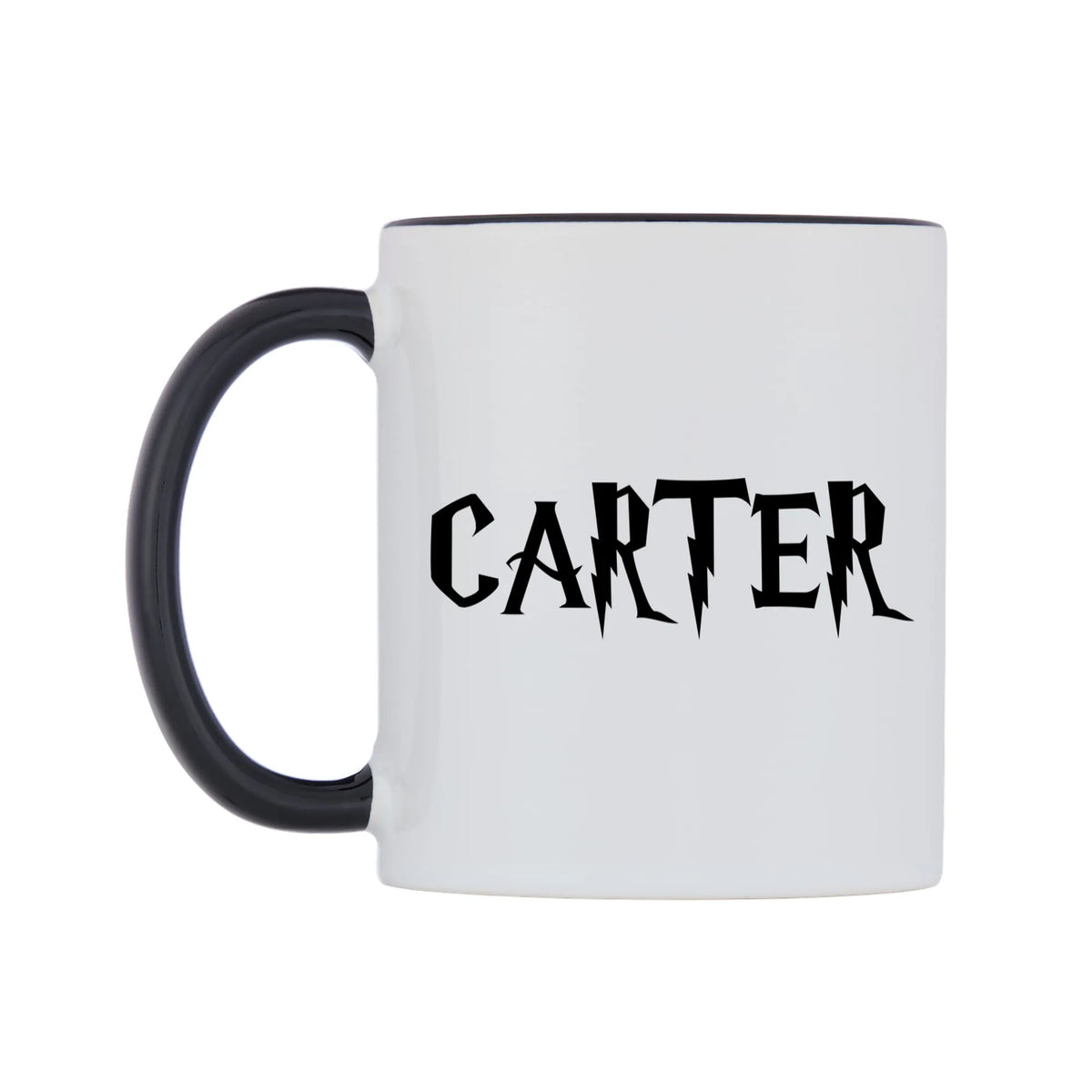 Carter - Wizard Themed Mug — white 11oz gloss mug with a black inside and handle, right side, on a white background