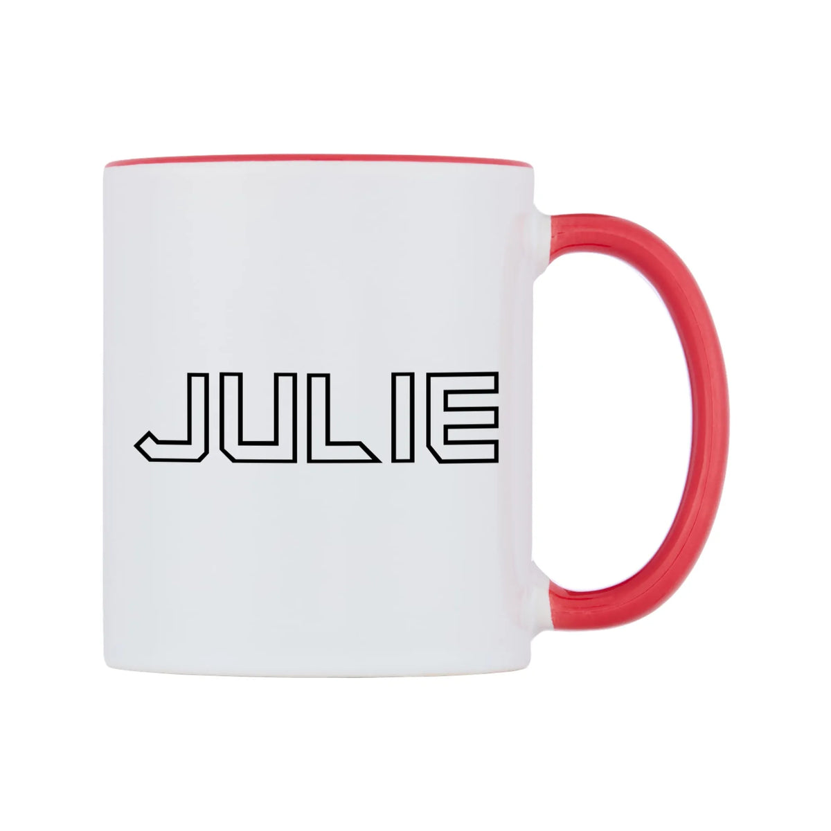 Julie - Iron Maiden Themed Mug — white 11oz gloss mug with a red inside and handle, left side, on a white background