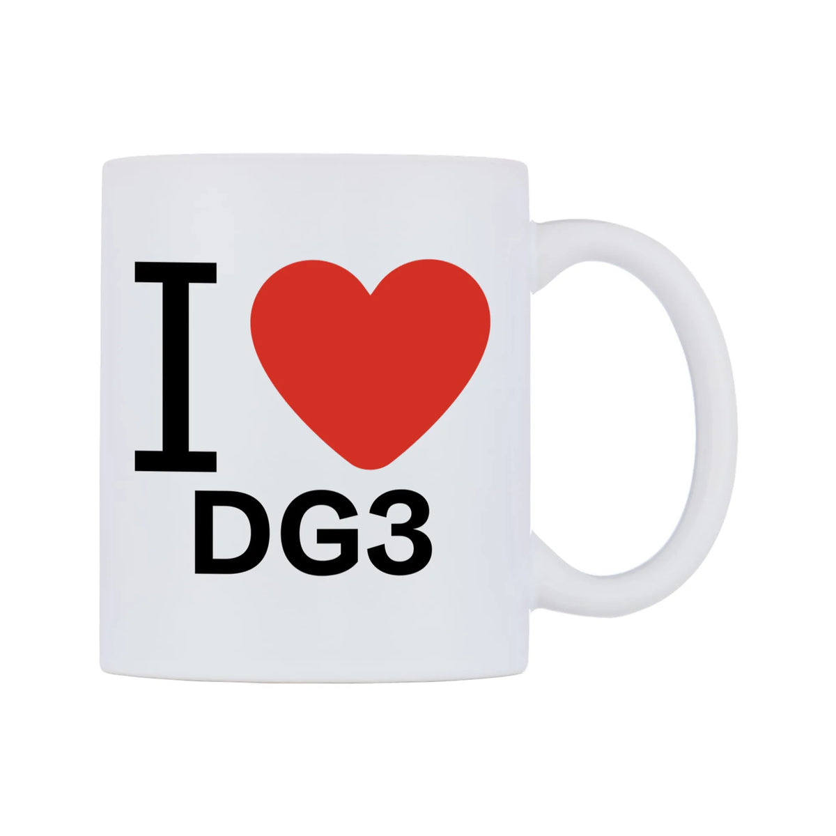 I Love DG3 Mug — white 11oz gloss mug, left side, on a white background