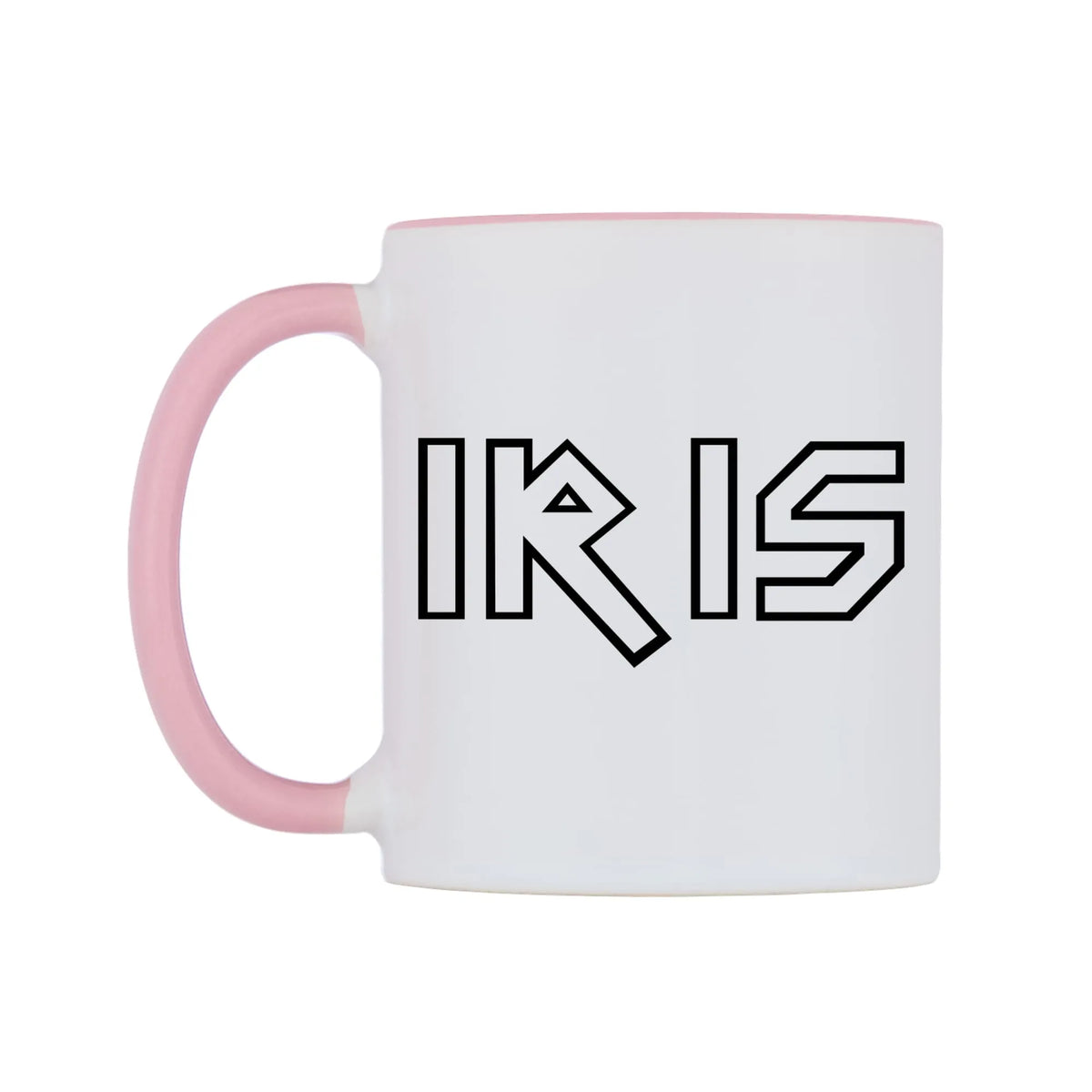 Iris - Iron Maiden Themed Mug — white 11oz gloss mug with a pink inside and handle, right side, on a white background