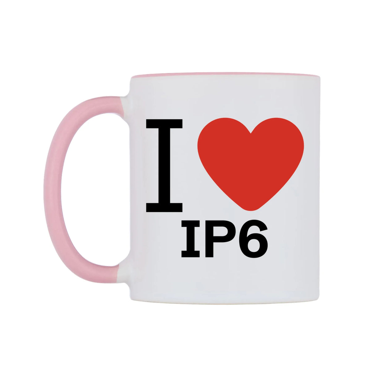 I Love IP6 Mug — white 11oz gloss mug with a pink inside and handle, right side, on a white background