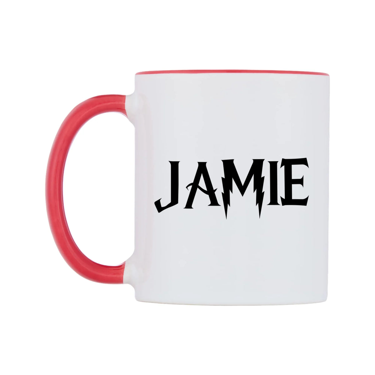 Jamie - Wizard Themed Mug — white 11oz gloss mug with a red inside and handle, right side, on a white background
