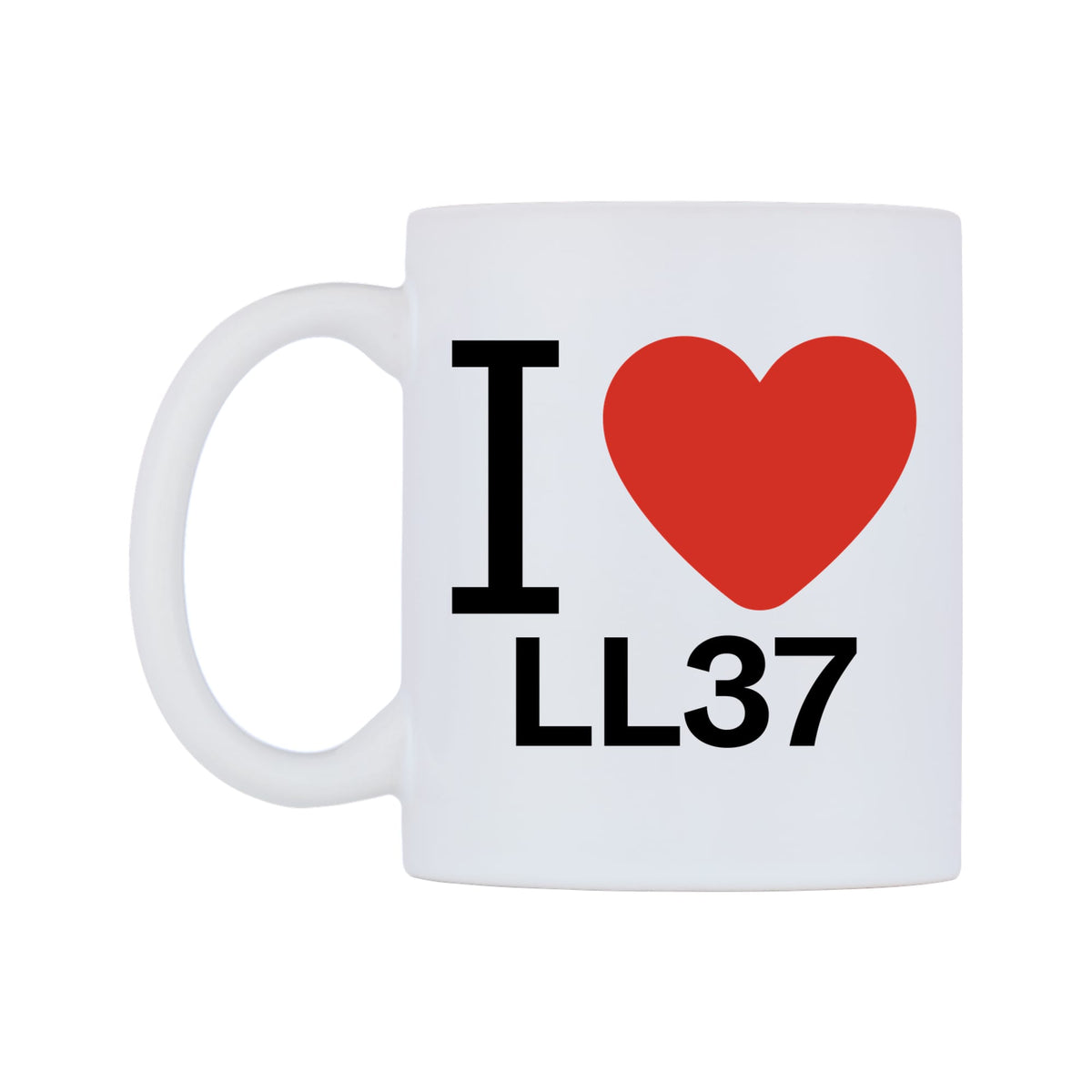 I Love LL37 Mug — white 11oz gloss mug, right side, on a white background