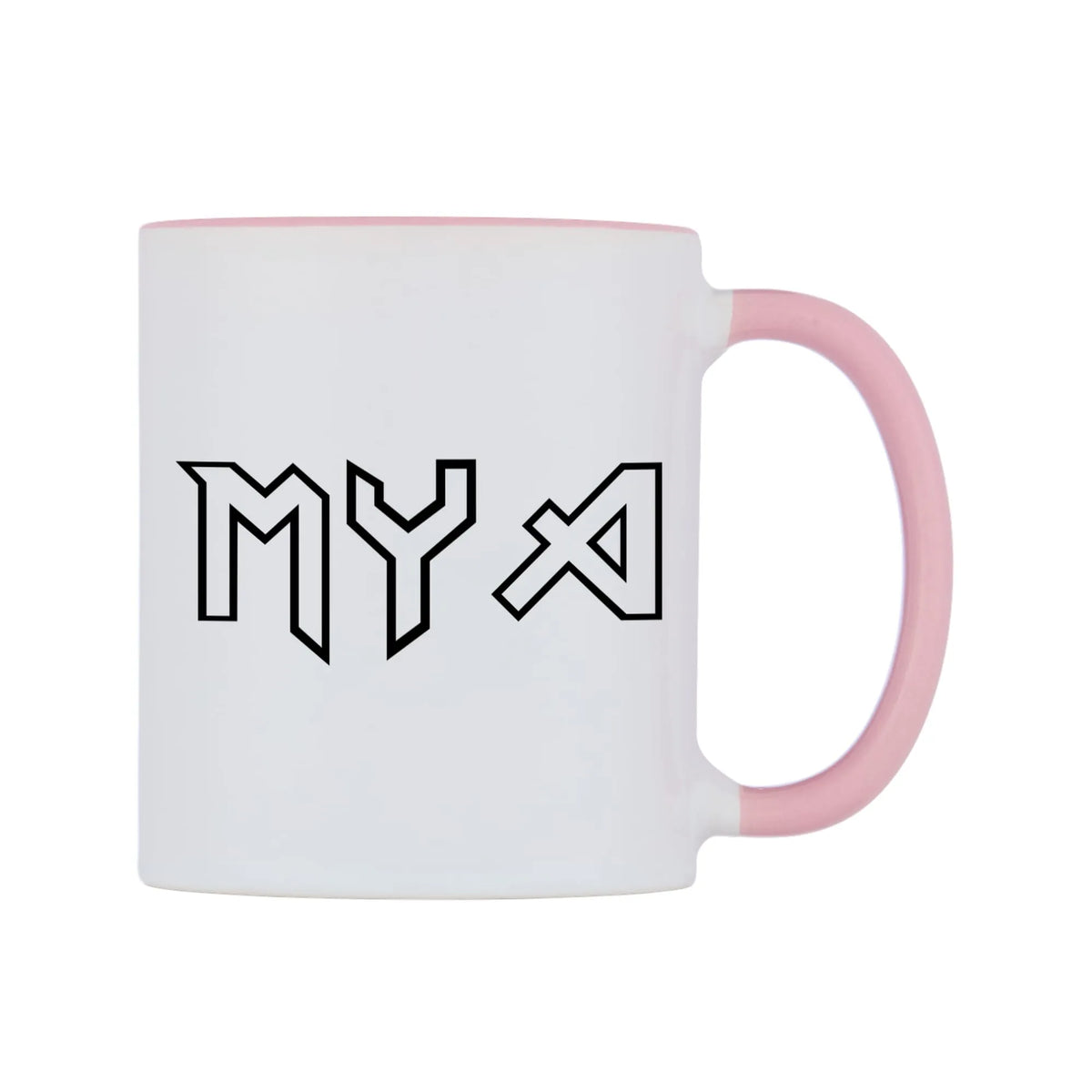 Mya - Iron Maiden Themed Mug — white 11oz gloss mug with a pink inside and handle, left side, on a white background