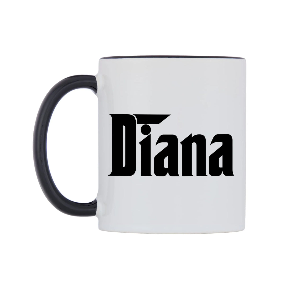 Diana - Godfather Themed Mug — white 11oz gloss mug with a black inside and handle, right side, on a white background