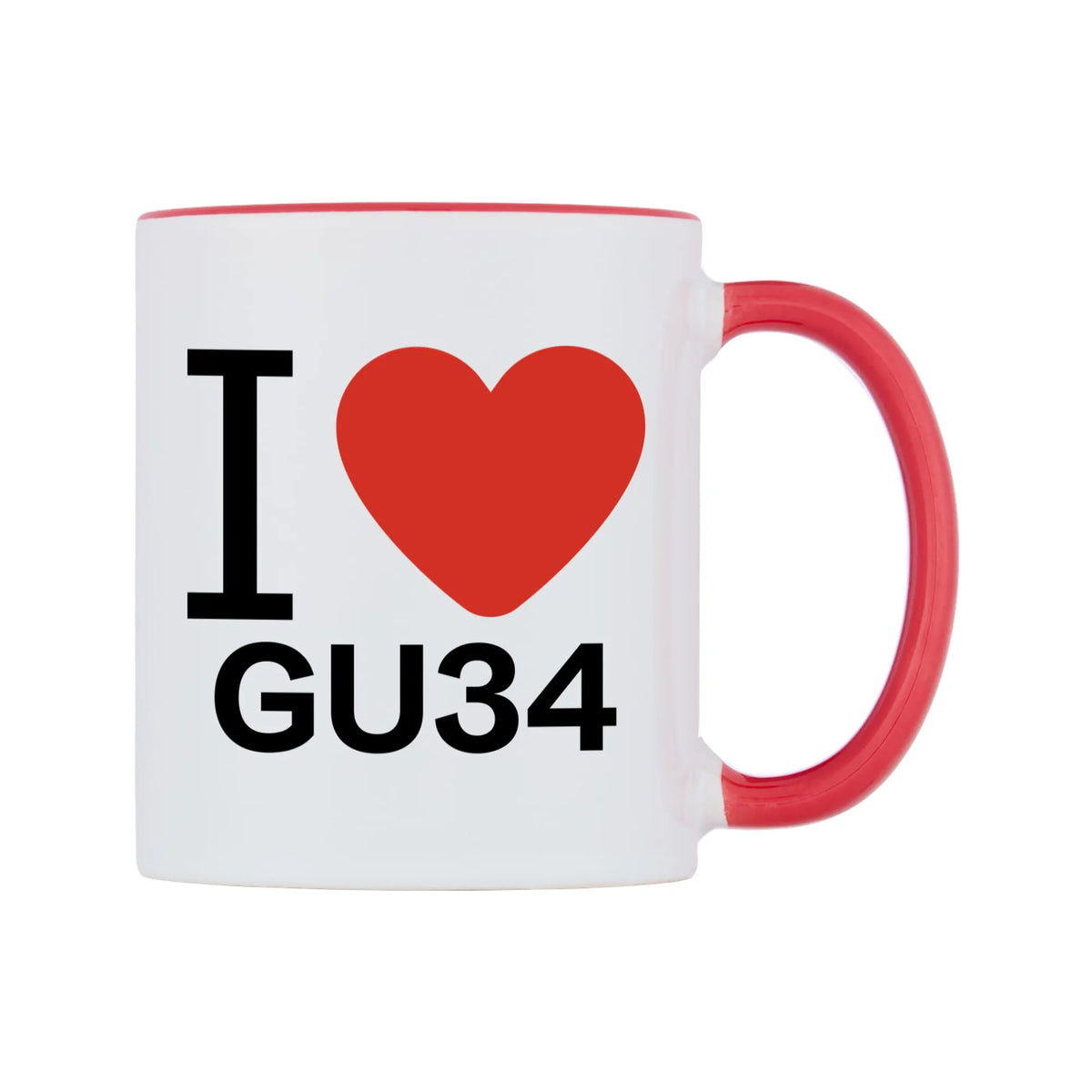 I Love GU34 Mug — white 11oz gloss mug with a red inside and handle, left side, on a white background