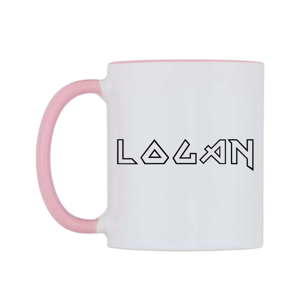 Logan - Iron Maiden Themed Mug — white 11oz gloss mug with a pink inside and handle, right side, on a white background