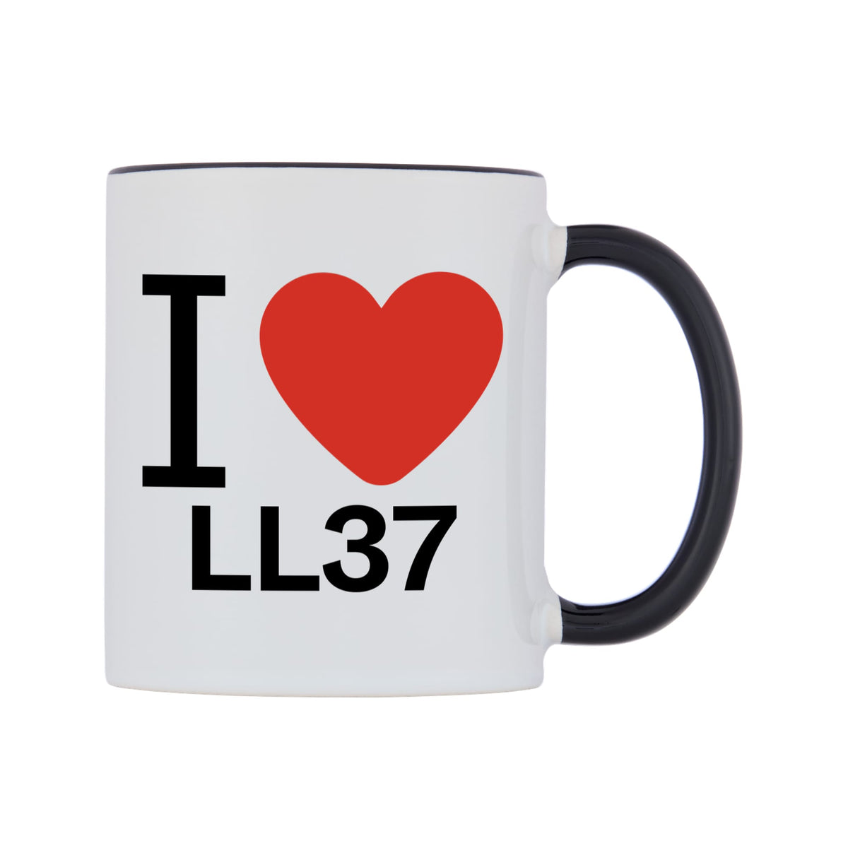 I Love LL37 Mug — white 11oz gloss mug with a black inside and handle, left side, on a white background