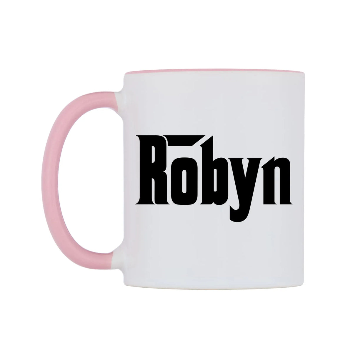Robyn - Godfather Themed Mug — white 11oz gloss mug with a pink inside and handle, right side, on a white background
