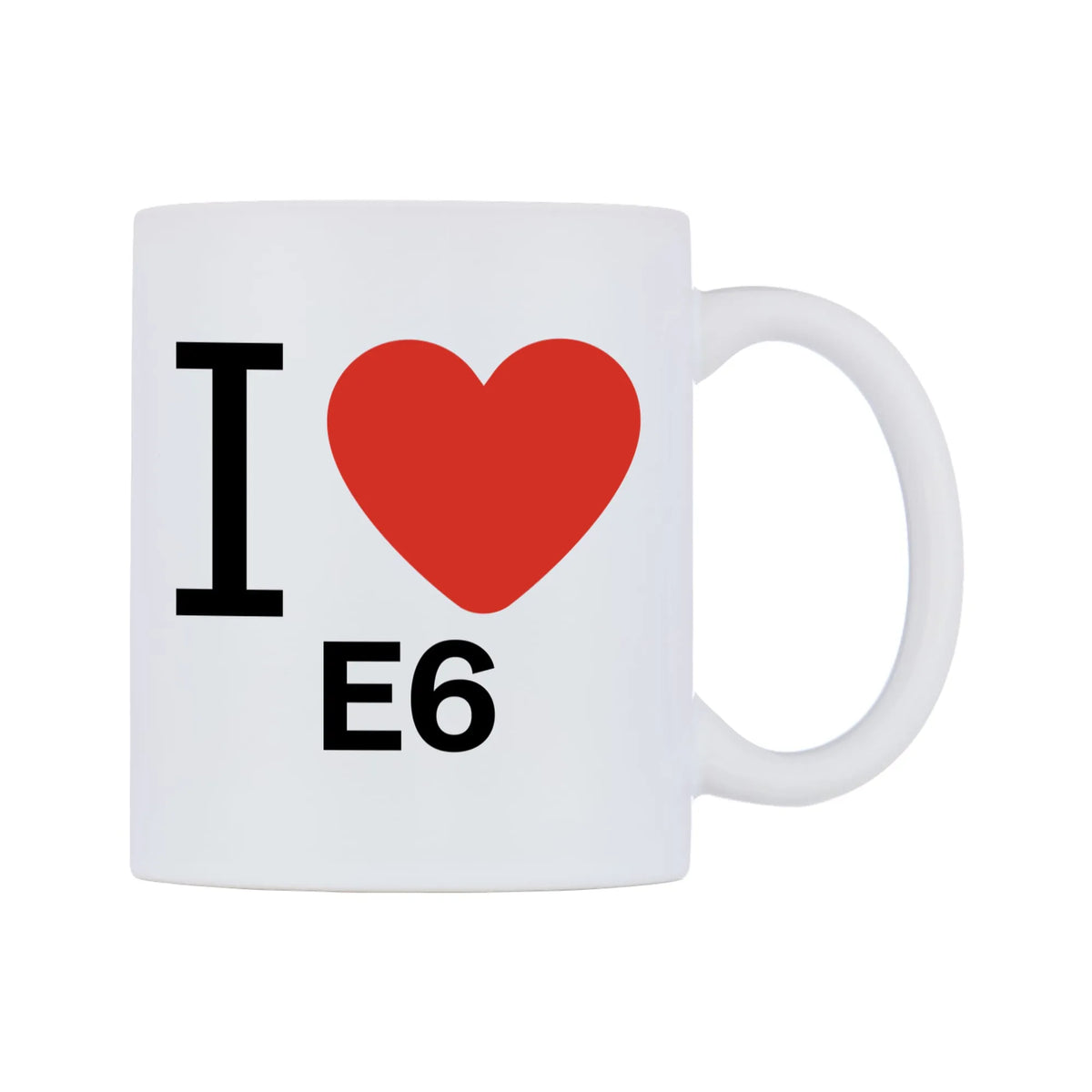 I Love E6 Mug — white 11oz gloss mug, left side, on a white background