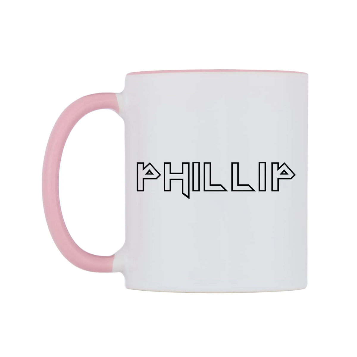 Phillip - Iron Maiden Themed Mug — white 11oz gloss mug with a pink inside and handle, right side, on a white background