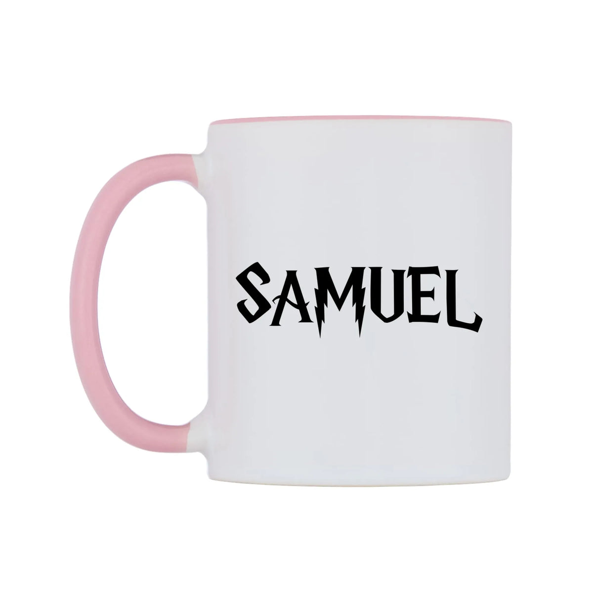 Samuel - Wizard Themed Mug — white 11oz gloss mug with a pink inside and handle, right side, on a white background