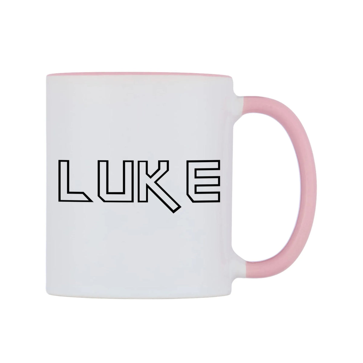 Luke - Iron Maiden Themed Mug — white 11oz gloss mug with a pink inside and handle, left side, on a white background