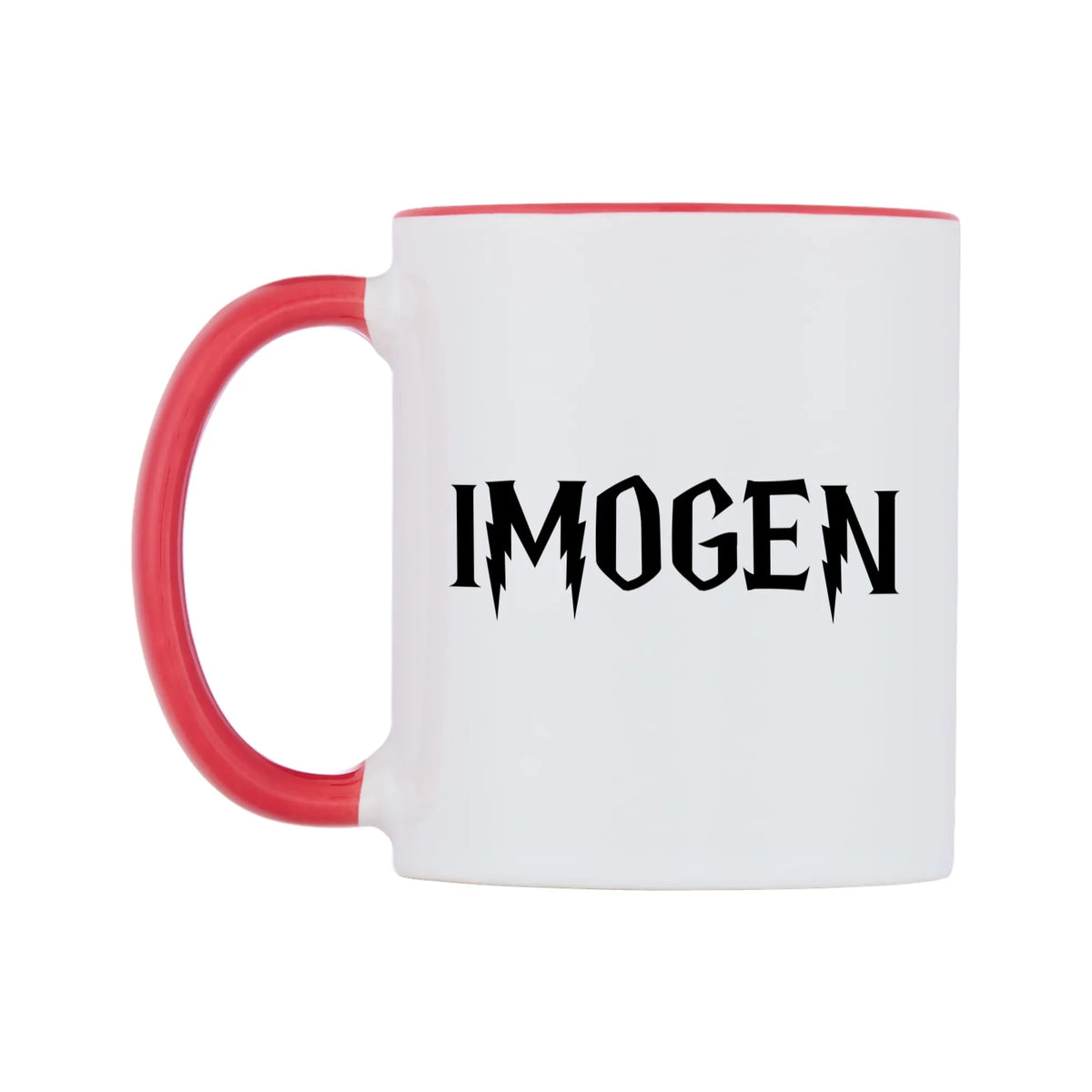 Imogen - Wizard Themed Mug — white 11oz gloss mug with a red inside and handle, right side, on a white background
