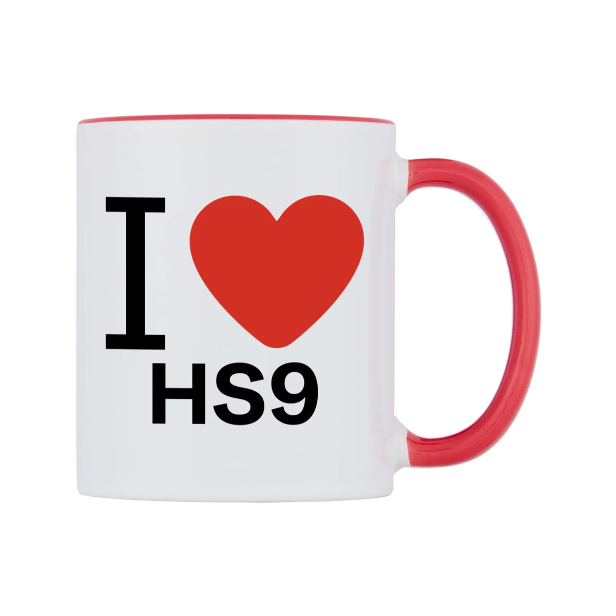 I Love HS9 Mug — white 11oz gloss mug with a red inside and handle, left side, on a white background